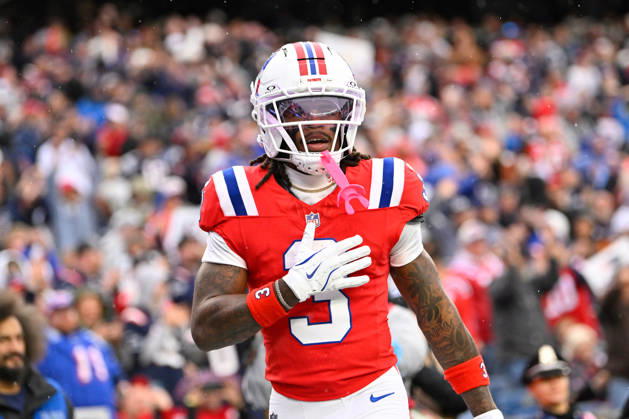 Oct 11, 2026; Foxborough, MA, USA;New England Patriots wide receiver DeMario Douglas (3) reacts to his touchdown against the Las Vegas Raiders during the second half at Gillette Stadium. Mandatory Credit: -Cal Media NFL, American Football Herren, USA 2026: Raiders Vs Patriots OCT 11  - ZUMAc04_ 20261011_zma_c04_151 Copyright: xEricxCanhax