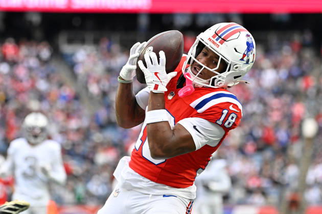 Oct 11, 2026; Foxborough, MA, USA; New England Patriots wide receiver Kyle Williams (18) makes a catch for a touchdown against the Las Vegas Raiders during the second half at Gillette Stadium. Mandatory Credit: -Cal Media NFL, American Football Herren, USA 2026: Raiders Vs Patriots OCT 11  - ZUMAc04_ 20261011_zma_c04_152 Copyright: xEricxCanhax