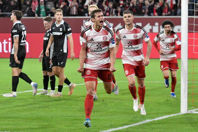 Tim Oberdorf of Düsseldorf 15 celebrates after scoring the goal to make it 1–0 on November 10, 2026 ¢ Soccer ¢ Fortuna Düsseldorf vs. SC Verl, Merkur Spiel Arena, Düsseldorf, DFB and DFL regulations prohibit any use of photographs as image sequences and or quasi-video. NRW, Germany Copyright: xpepphotox xSaschaxWeizx pep00321, pep_20261011_hm