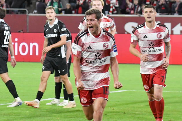 Tim Oberdorf of Düsseldorf 15 celebrates after scoring the goal to make it 1–0 on November 10, 2026 ¢ Soccer ¢ Fortuna Düsseldorf vs. SC Verl, Merkur Spiel Arena, Düsseldorf, DFB and DFL regulations prohibit any use of photographs as image sequences and or quasi-video. NRW, Germany Copyright: xpepphotox xSaschaxWeizx pep00321, pep_20261011_hm