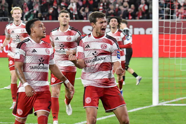 Tim Oberdorf of Düsseldorf 15 celebrates after scoring the goal to make it 1–0 on November 10, 2026 ¢ Soccer ¢ Fortuna Düsseldorf vs. SC Verl, Merkur Spiel Arena, Düsseldorf, DFB and DFL regulations prohibit any use of photographs as image sequences and or quasi-video. NRW, Germany Copyright: xpepphotox xSaschaxWeizx pep00321, pep_20261011_hm