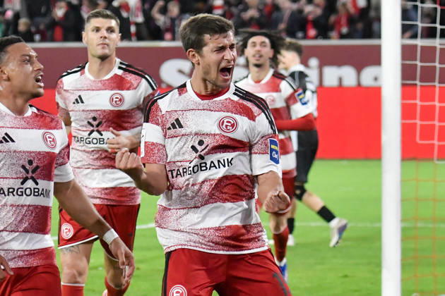 Tim Oberdorf of Düsseldorf 15 celebrates after scoring the goal to make it 1–0 on November 10, 2026 ¢ Soccer ¢ Fortuna Düsseldorf vs. SC Verl, Merkur Spiel Arena, Düsseldorf, DFB and DFL regulations prohibit any use of photographs as image sequences and or quasi-video. NRW, Germany Copyright: xpepphotox xSaschaxWeizx pep00321, pep_20261011_hm