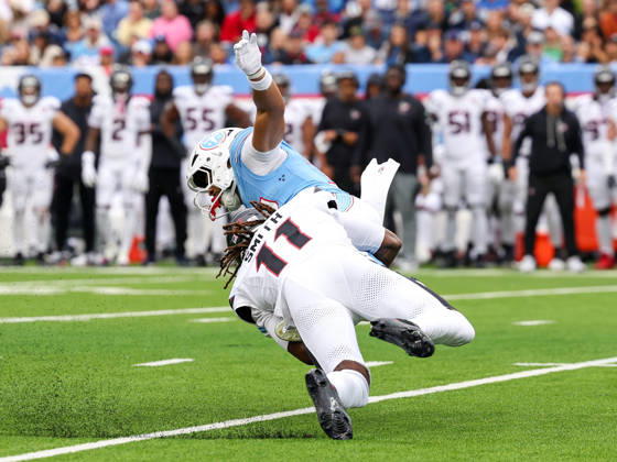 Oct 11, 2026; Nashville, TN, USA; Tennessee Titans wide receiver Chimere Dike (17) is tackled by Houston Texans cornerback Tremon Smith (11) on a punt return during the NFL, American Football Herren, USA regular season game between the Houston Texans and Tennessee Titans at Nissan Stadium. Mandatory Credit: -Cal Media Nashville USA - ZUMAc04_ 20261011_zma_c04_048 Copyright: xStephenxFurstx