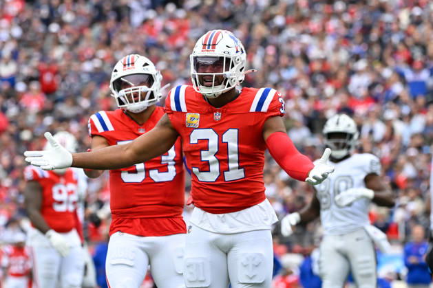 Oct 11, 2026; Foxborough, MA, USA; New England Patriots safety Kevin Byard III (31) reacts to being flagged for pass interference during the first half against the Las Vegas Raiders at Gillette Stadium. Mandatory Credit: -Cal Media Foxborough USA - ZUMAc04_ 20261011_zma_c04_141 Copyright: xEricxCanhax