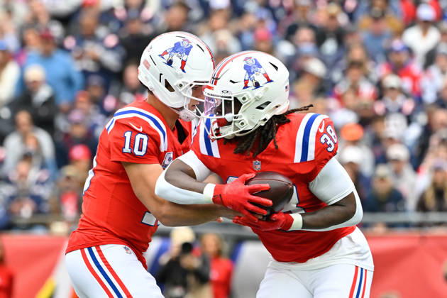 Oct 11, 2026; Foxborough, MA, USA; New England Patriots quarterback Drake Maye (10) hands the ball to running back Rhamondre Stevenson (38) during the first half against the Las Vegas Raiders at Gillette Stadium. Mandatory Credit: -Cal Media Foxborough USA - ZUMAc04_ 20261011_zma_c04_143 Copyright: xEricxCanhax