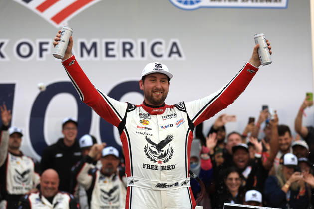 CHARLOTTE, NC - OCTOBER 11: Chase Briscoe ( 19 Joe Gibbs Racing Freebird Spring Water Toyota) celebrates after winning the NASCAR, Motorsport, USA Cup Series Playoffs Bank of America 400 race on October 11, 2026 at Charlotte Motor Speedway in Charlotte, NC. (Photo by Jeff Robinson Icon Sportswire) AUTO: OCT 11 NASCAR Cup Series Playoffs Bank of America 400 EDITORIAL USE ONLY Icon2610111608400