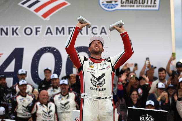 CHARLOTTE, NC - OCTOBER 11: Chase Briscoe ( 19 Joe Gibbs Racing Freebird Spring Water Toyota) celebrates after winning the NASCAR, Motorsport, USA Cup Series Playoffs Bank of America 400 race on October 11, 2026 at Charlotte Motor Speedway in Charlotte, NC. (Photo by Jeff Robinson Icon Sportswire) AUTO: OCT 11 NASCAR Cup Series Playoffs Bank of America 400 EDITORIAL USE ONLY Icon2610111649400