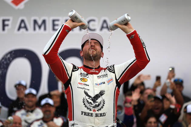 CHARLOTTE, NC - OCTOBER 11: Chase Briscoe ( 19 Joe Gibbs Racing Freebird Spring Water Toyota) celebrates after winning the NASCAR, Motorsport, USA Cup Series Playoffs Bank of America 400 race on October 11, 2026 at Charlotte Motor Speedway in Charlotte, NC. (Photo by Jeff Robinson Icon Sportswire) AUTO: OCT 11 NASCAR Cup Series Playoffs Bank of America 400 EDITORIAL USE ONLY Icon2610111662400
