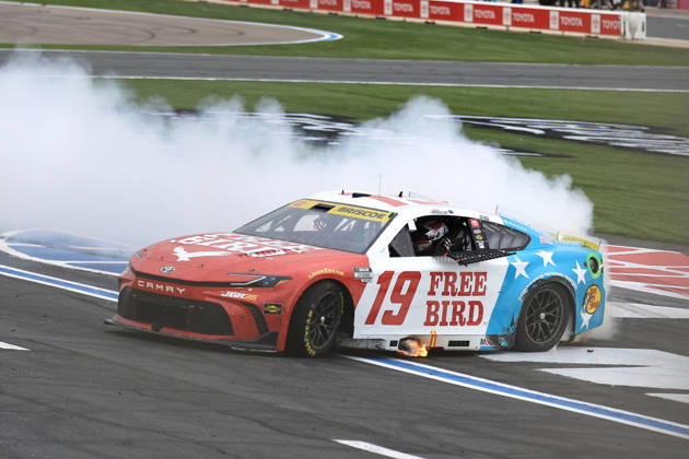 CHARLOTTE, NC - OCTOBER 11: Chase Briscoe ( 19 Joe Gibbs Racing Freebird Spring Water Toyota) celebrates after winning the NASCAR, Motorsport, USA Cup Series Playoffs Bank of America 400 race on October 11, 2026 at Charlotte Motor Speedway in Charlotte, NC. (Photo by Jeff Robinson Icon Sportswire) AUTO: OCT 11 NASCAR Cup Series Playoffs Bank of America 400 EDITORIAL USE ONLY Icon261011237400