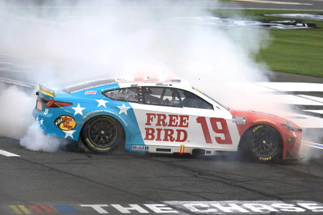 CHARLOTTE, NC - OCTOBER 11: Chase Briscoe ( 19 Joe Gibbs Racing Freebird Spring Water Toyota) celebrates after winning the NASCAR, Motorsport, USA Cup Series Playoffs Bank of America 400 race on October 11, 2026 at Charlotte Motor Speedway in Charlotte, NC. (Photo by Jeff Robinson Icon Sportswire) AUTO: OCT 11 NASCAR Cup Series Playoffs Bank of America 400 EDITORIAL USE ONLY Icon261011263400
