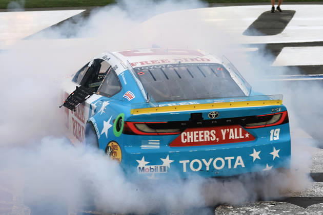 CHARLOTTE, NC - OCTOBER 11: Chase Briscoe ( 19 Joe Gibbs Racing Freebird Spring Water Toyota) celebrates after winning the NASCAR, Motorsport, USA Cup Series Playoffs Bank of America 400 race on October 11, 2026 at Charlotte Motor Speedway in Charlotte, NC. (Photo by Jeff Robinson Icon Sportswire) AUTO: OCT 11 NASCAR Cup Series Playoffs Bank of America 400 EDITORIAL USE ONLY Icon261011298400