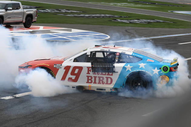 CHARLOTTE, NC - OCTOBER 11: Chase Briscoe ( 19 Joe Gibbs Racing Freebird Spring Water Toyota) celebrates after winning the NASCAR, Motorsport, USA Cup Series Playoffs Bank of America 400 race on October 11, 2026 at Charlotte Motor Speedway in Charlotte, NC. (Photo by Jeff Robinson Icon Sportswire) AUTO: OCT 11 NASCAR Cup Series Playoffs Bank of America 400 EDITORIAL USE ONLY Icon261011344400