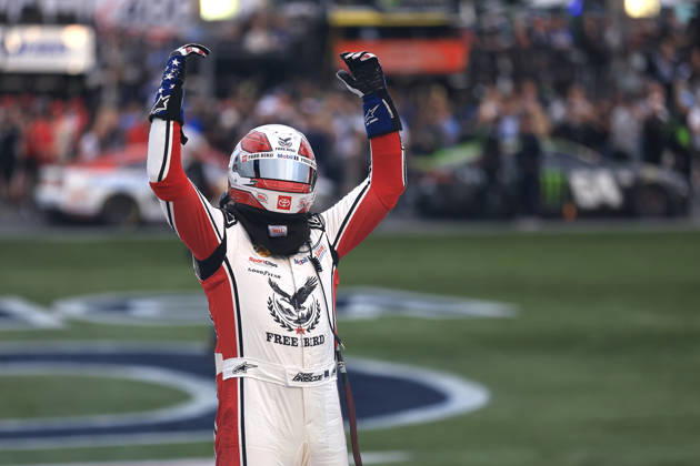CHARLOTTE, NC - OCTOBER 11: Chase Briscoe ( 19 Joe Gibbs Racing Freebird Spring Water Toyota) celebrates after winning the NASCAR, Motorsport, USA Cup Series Playoffs Bank of America 400 race on October 11, 2026 at Charlotte Motor Speedway in Charlotte, NC. (Photo by Jeff Robinson Icon Sportswire) AUTO: OCT 11 NASCAR Cup Series Playoffs Bank of America 400 EDITORIAL USE ONLY Icon261011718400