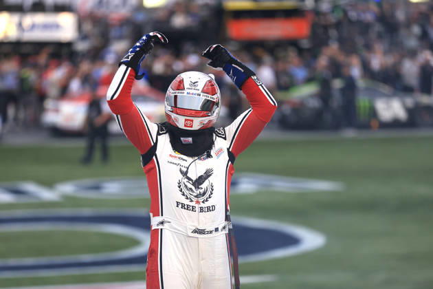CHARLOTTE, NC - OCTOBER 11: Chase Briscoe ( 19 Joe Gibbs Racing Freebird Spring Water Toyota) celebrates after winning the NASCAR, Motorsport, USA Cup Series Playoffs Bank of America 400 race on October 11, 2026 at Charlotte Motor Speedway in Charlotte, NC. (Photo by Jeff Robinson Icon Sportswire) AUTO: OCT 11 NASCAR Cup Series Playoffs Bank of America 400 EDITORIAL USE ONLY Icon261011759400