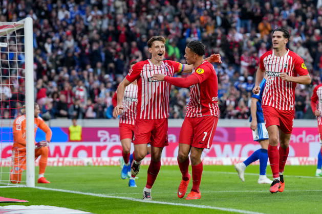 Maximilian Eggestein (SC Freiburg, 08) and Derry Scherhant (SC Freiburg, 07) – goal celebration, emotions, shot on goal, finish, goal scored, goal, hit, Germany, soccer, Bundesliga 1, Matchday 5, 2026–2027, SC Freiburg vs. FC Schalke 04, October 11, 2026, Europa-Park Stadium, Freiburg, Baden-Württemberg, Germany Copyright: xArnexAmbergx