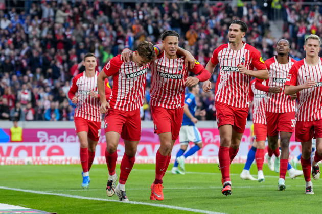 Maximilian Eggestein, SC Freiburg, 08, and Derry Scherhant, SC Freiburg, 07 Goal celebration, Emotions, Shot on goal, Finish, Goal scored, Goal, Igor Matanovic, SC Freiburg, 31, Germany, Soccer, Bundesliga 1, Matchday 5, 2026–2027, SC Freiburg vs. FC Schalke 04, October 11, 2026, Europa-Park Stadium, Freiburg, Freiburg, Europa-Park Stadium, Baden-Württemberg, Germany Copyright: xArnexAmbergx