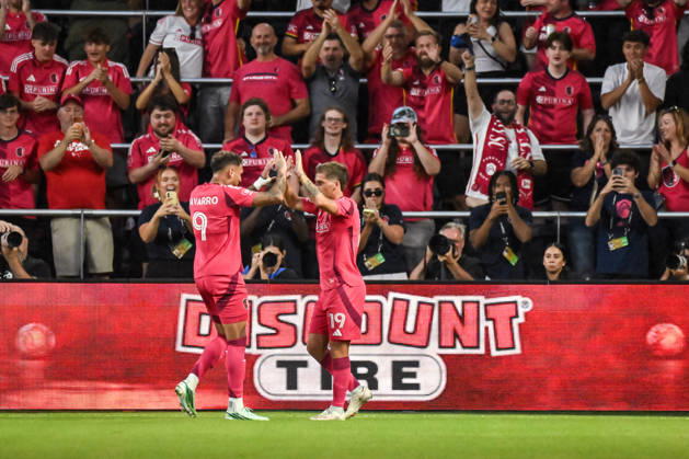 ST. LOUIS, MO - OCTOBER 11: Carlo Holse (19) of the St. Louis CITY SC celebrates getting a natural hat trick in the 21st minute of play with Rafael Navarro (9) of the St. Louis CITY SC during the MLS, Fussball Herren, USA regular season match where St. Louis CITY SC hosted LA Galaxy on Sunday October 11th, 2026, at Energizer Park in St. Louis City, MO. (Photo by Rick Ulreich Icon Sportswire) SOCCER: OCT 11 MLS St. Louis CITY SC vs LA Galaxy EDITORIAL USE ONLY Icon26101110