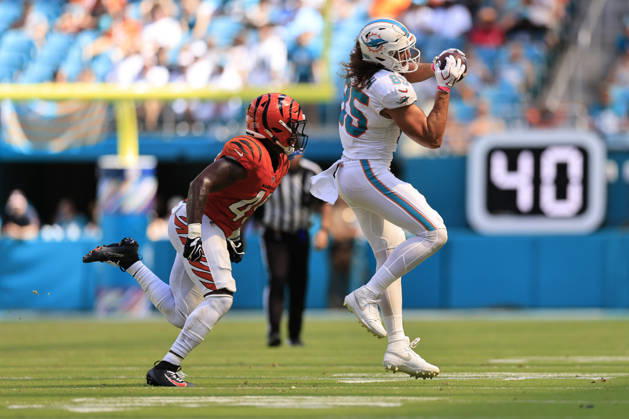 October 11, 2026, Miami Gardens, Florida, United States: Miami Dolphins tight end Greg Dulcich (85) makes a reception and turns to run with the ball while pursued by Cincinnati Bengals linebacker Barrett Carter (49) during an NFL, American Football Herren, USA game on Sunday, October 11, 2026 at the Hard Rock Stadium. The Bengals beat the Dolphins 31-24. NFL 2026: Cincinnati Bengals 31 : 24 Miami Dolphins  - ZUMAh180 20261011_zsp_h180_086 Copyright: xKimxHukarix