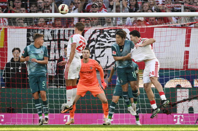 Jan Leszczynski, Borussia Mönchengladbach; Sebastian Sebulonsen, 1. FC Köln; Goalkeeper Moritz Nicolas, Borussia Mönchengladbach; Daiki Hashioka, Borussia Mönchengladbach; Luka Lochoshvili, 1. FC Köln; from left, November 11, 2026, Soccer, Bundesliga 1, 2026–2027 season, Matchday 5, 1. FC Köln vs. Borussia Mönchengladbach. DFL regulations prohibit any use of photographs as image sequences and or quasi-video. Cologne, RheinEnergie Stadium, North Rhine-Westphalia, Germany Team2