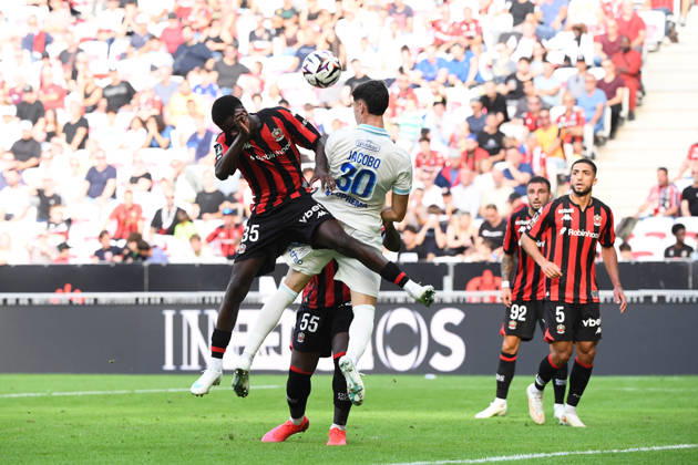 OGC Nice v RC Strasbourg Alsace - Ligue 1 McDonald s 2026 2027 Jacobo ORTEGA of RC Strasbourg and Xavier Mandza TSIENDI of Nice during Ligue 1 McDonald s match between Nice and Strasbourg at Allianz Riviera Stadium on October 11, 2026 in Nice, France. Nice France Copyright: xIconxSportx 776573383