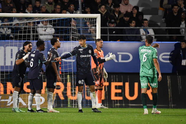 ESTAC Troyes v Olympique de Marseille - Ligue 1 McDonald s 2026 2027 CJ Egan-Riley of Marseille and Nayef AGUERD of Olympique de Marseille , Jeffrey DE LANGE of Marseille during Ligue 1 McDonald s match between Troyes and Marseille at Stade de l Aube on October 11, 2026 in Troyes, France. Troyes France  Copyright: xEwenxGavetx 776573381