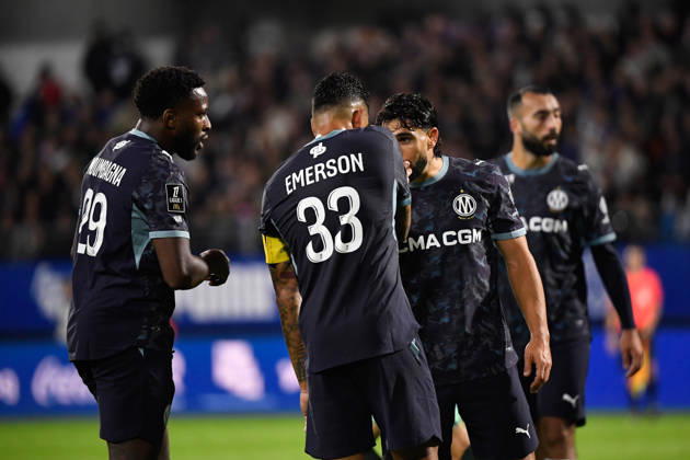 ESTAC Troyes v Olympique de Marseille - Ligue 1 McDonald s 2026 2027 Faris MOUMBAGNA of Marseille , Emerson PALMIERI of Olympique de Marseille and Neal MAUPAY of Olympique de Marseille during Ligue 1 McDonald s match between Troyes and Marseille at Stade de l Aube on October 11, 2026 in Troyes, France. Troyes France  Copyright: xEwenxGavetx 776573381