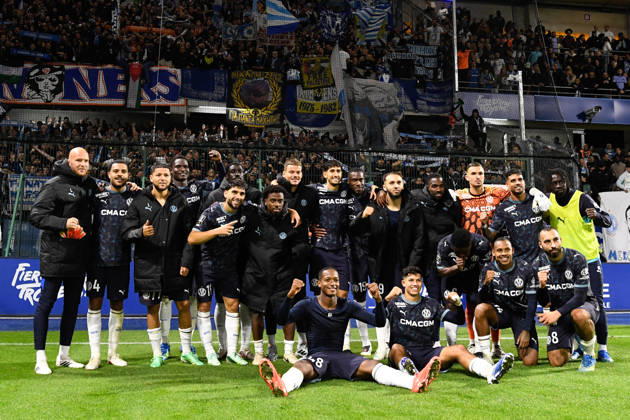 ESTAC Troyes v Olympique de Marseille - Ligue 1 McDonald s 2026 2027 Keyliane ABDALLAH, Himad ABDELLI, Conrad EGAN-RILEY, Amine HARIT, Amine GOUIRI Pand team of Marseille after winner game during Ligue 1 McDonald s match between Troyes and Marseille at Stade de l Aube on October 11, 2026 in Troyes, France. Troyes France  Copyright: xEwenxGavetx 776573381