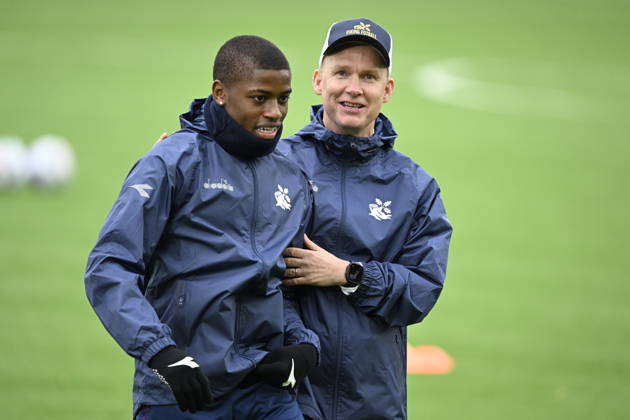 Champions League soccer, Viking vs. Bayern Munich, Stavanger, October 12, 2026: Bjarte Lunde Aarsheim and Morten Jensen during Viking’s training session at Lyse Arena in Stavanger, before the Champions League match between Viking and Bayern Munich. Photo by Carina Johansen, NTB, Stavanger, Norway. EDITORIAL USE ONLY. RESTRICTED USE FOR BETTING COMPANIES. Copyright: xCarinaxJohansenx xNTBx