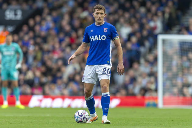 IPSWICH, ENGLAND - OCTOBER 10: Dara O Shea of Ipswich Town on the ball during the Premier League 2026 27 match between Ipswich Town and Fulham at Portman Road on October 10, 2026 in Ipswich, England. Copyright: xMBxMediax