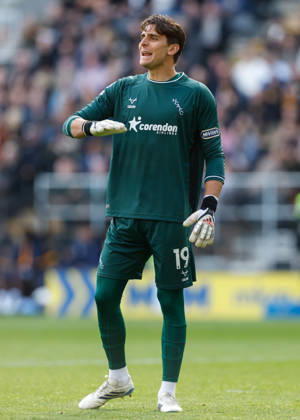 Kingston upon Hull, England, 11th October 2026. Konstantinos Tzolakis of Hull City during the Hull City vs Everton Premier League match at the MKM Stadium, Kingston upon Hull. Picture credit should read: Cody Froggatt Sportimage EDITORIAL USE ONLY. No use with unauthorised audio, video, data, fixture lists, club league logos or live services. Online in-match use limited to 120 images, no video emulation. No use in betting, games or single club league player publications. SPI_097_CF_HULL_CITY_EVERTON SPI-5062-0097