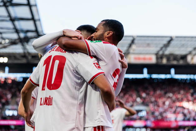 KOELN, GERMANY - OCTOBER 11: Said El Mala (1. FC Koeln, 10) celebrates scoring the 2:1 goal with Linton Maina (1. FC Koeln, 37) during the Bundesliga match between 1. FC Koeln vs. Borussia Moenchengladbach at Rheinenergie-Stadion on matchday 5 of the 1. Bundesliga on October 11, 2026 in Koeln, Germany. DFL REGULATIONS PROHIBIT ANY USE OF PHOTOGRAPHS AS IMAGE SEQUENCES AND OR QUASI-VIDEO. North Rhine Westphalia Germany Copyright: xSteffiexWunderlx