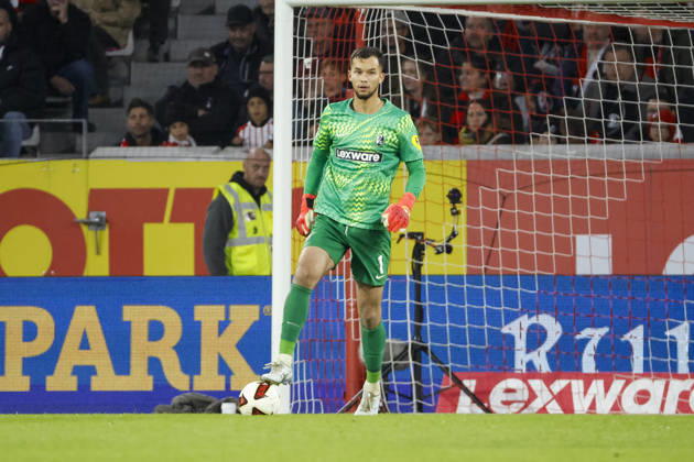 Mio Backhaus, SC Freiburg, No. 1 on the Ball, Germany, Soccer, Bundesliga 1, Matchday 5, 2026–2027, SC Freiburg vs. FC Schalke 04, October 11, 2026, Freiburg im Breisgau, Europa-Park Stadium, Germany Copyright: xGrantxHubbsx