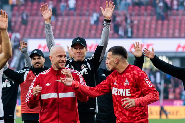 KOELN, GERMANY - OCTOBER 11: Rene Wagner (Head Coach 1. FC Koeln) and Said El Mala (1. FC Koeln, 10) celebrating the derby win after the Bundesliga match between 1. FC Koeln vs. Borussia Moenchengladbach at Rheinenergie-Stadion on matchday 5 of the 1. Bundesliga on October 11, 2026 in Koeln, Germany. DFL REGULATIONS PROHIBIT ANY USE OF PHOTOGRAPHS AS IMAGE SEQUENCES AND OR QUASI-VIDEO. North Rhine Westphalia Germany Copyright: xSteffiexWunderlx