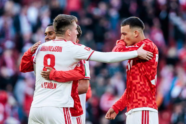 KOELN, GERMANY - OCTOBER 11: Isak Johannesson (1. FC Koeln, 8) and Said El Mala (1. FC Koeln, 10) hug after the final whistle and win of the Bundesliga match between 1. FC Koeln vs. Borussia Moenchengladbach at Rheinenergie-Stadion on matchday 5 of the 1. Bundesliga on October 11, 2026 in Koeln, Germany. DFL REGULATIONS PROHIBIT ANY USE OF PHOTOGRAPHS AS IMAGE SEQUENCES AND OR QUASI-VIDEO. North Rhine Westphalia Germany Copyright: xSteffiexWunderlx