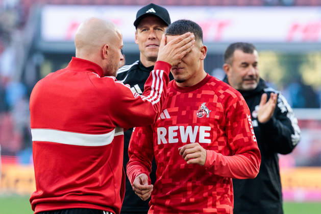 KOELN, GERMANY - OCTOBER 11: Rene Wagner (Head Coach 1. FC Koeln) putting his hand on Said El Mala (1. FC Koeln, 10) forehead after the Bundesliga match between 1. FC Koeln vs. Borussia Moenchengladbach at Rheinenergie-Stadion on matchday 5 of the 1. Bundesliga on October 11, 2026 in Koeln, Germany. DFL REGULATIONS PROHIBIT ANY USE OF PHOTOGRAPHS AS IMAGE SEQUENCES AND OR QUASI-VIDEO. North Rhine Westphalia Germany Copyright: xSteffiexWunderlx