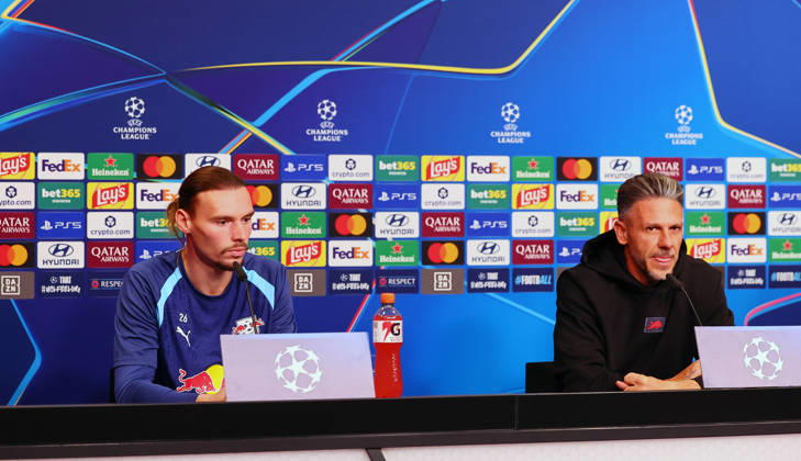 RB Leipzig Champions League Press Conference, Leipzig, October 12, 2026, RB Academy, UEFA Champions League, RB Leipzig press conference on the day before the RB Leipzig vs. PSV Eindhoven match. Pictured: Goalkeeper Maarten Vandevoordt, 26, RB Leipzig, and Coach Martin Demichelis, RB Leipzig, Picture Point