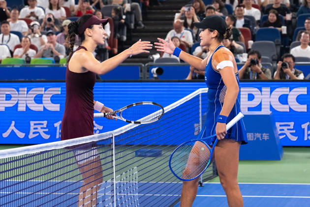 (261012) -- WUHAN, Oct. 12, 2026 -- Wang Xiyu (R) greets Wang Xinyu after the women s sinlges round of 64 match between Wang Xiyu of China and Wang Xinyu of China of the 2026 Wuhan Open tennis tournament in Wuhan, capital of central China s Hubei Province, Oct. 12, 2026. ) (SP)CHINA-WUHAN-TENNIS-WUHAN OPEN-WOMEN S SINGLES-ROUND OF 64 (CN) XiaoxYijiu 