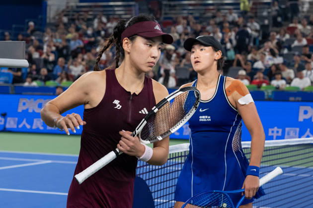 (261012) -- WUHAN, Oct. 12, 2026 -- Wang Xiyu (R) and Wang Xinyu react after the women s sinlges round of 64 match between Wang Xiyu of China and Wang Xinyu of China of the 2026 Wuhan Open tennis tournament in Wuhan, capital of central China s Hubei Province, Oct. 12, 2026. ) (SP)CHINA-WUHAN-TENNIS-WUHAN OPEN-WOMEN S SINGLES-ROUND OF 64 (CN) XiaoxYijiu 