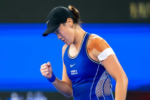 (261012) -- WUHAN, Oct. 12, 2026 -- Wang Xiyu celebrates scoring during the women s sinlges round of 64 match between Wang Xiyu of China and Wang Xinyu of China of the 2026 Wuhan Open tennis tournament in Wuhan, capital of central China s Hubei Province, Oct. 12, 2026. ) (SP)CHINA-WUHAN-TENNIS-WUHAN OPEN-WOMEN S SINGLES-ROUND OF 64 (CN) DuxZixuan 