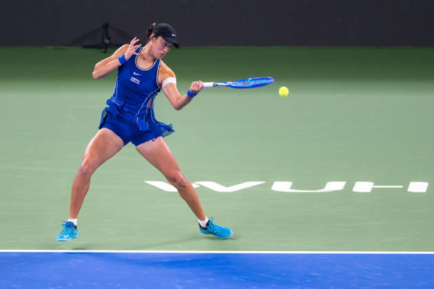 (261012) -- WUHAN, Oct. 12, 2026 -- Wang Xiyu hits a return during the women s sinlges round of 64 match between Wang Xiyu of China and Wang Xinyu of China of the 2026 Wuhan Open tennis tournament in Wuhan, capital of central China s Hubei Province, Oct. 12, 2026. ) (SP)CHINA-WUHAN-TENNIS-WUHAN OPEN-WOMEN S SINGLES-ROUND OF 64 (CN) DuxZixuan 