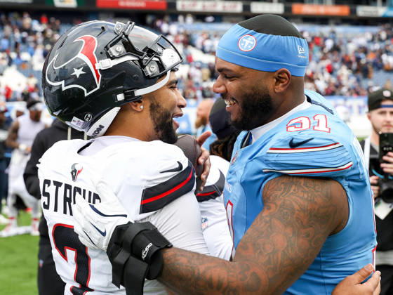 Oct 11, 2026; Nashville, TN, USA; Houston Texans quarterback C.J. Stroud (7) talks with Tennessee Titans defensive end John Franklin-Myers (91) on the field after the NFL, American Football Herren, USA regular season game between the Houston Texans and Tennessee Titans at Nissan Stadium. Mandatory Credit: -Cal Media Nashville USA - ZUMAc04_ 20261011_zma_c04_292 Copyright: xStephenxFurstx
