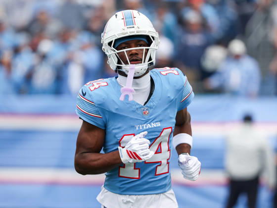 Oct 11, 2026; Nashville, TN, USA; Tennessee Titans wide receiver Carnell Tate (14) runs onto the field prior to the NFL, American Football Herren, USA regular season game between the Houston Texans and Tennessee Titans at Nissan Stadium. Mandatory Credit: -Cal Media NFL 2026: Texans Vs Titans OCT 11 - ZUMAc04_ 20261011_zma_c04_336 Copyright: xStephenxFurstx