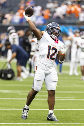 October 11, 2026, Inglewood, California, USA: Denver Broncos Running Back RJ Harvey (12) warms up before an NFL, American Football Herren, USA football game against Los Angeles Chargers, in Inglewood, Calif. on Sunday Oct. 11, 2026. Inglewood USA - ZUMAc68_ 20261011_zaf_c68_049 Copyright: xRingoxChiux