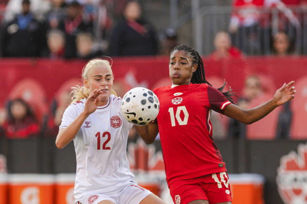 Kathrine Kuhl of Denmark challenges Ashley Lawrence of Canada during the Women’s International Friendly, Länderspiel, Nationalmannschaft match between Canada and Denmark on October 12th, 2026 in BMO Field, Toronto, Ontario, Canada Copyright: xCurtisxWongx xSPPx Sportspressphoto_SPR253846