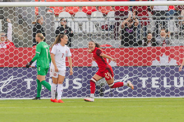 Delaney Baie Pridham of Canada celebrates their team s first goal during the Women’s International Friendly, Länderspiel, Nationalmannschaft match between Canada and Denmark on October 12th, 2026 in BMO Field, Toronto, Ontario, Canada Copyright: xCurtisxWongx xSPPx Sportspressphoto_SPR253849