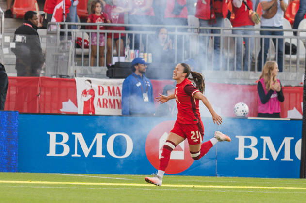 Delaney Baie Pridham of Canada celebrates their team s first goal during the Women’s International Friendly, Länderspiel, Nationalmannschaft match between Canada and Denmark on October 12th, 2026 in BMO Field, Toronto, Ontario, Canada Copyright: xCurtisxWongx xSPPx Sportspressphoto_SPR253850