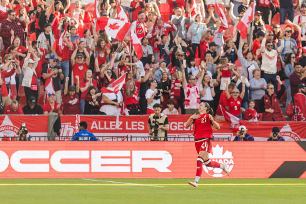 Delaney Baie Pridham of Canada celebrates their team s first goal during the Women’s International Friendly, Länderspiel, Nationalmannschaft match between Canada and Denmark on October 12th, 2026 in BMO Field, Toronto, Ontario, Canada Copyright: xCurtisxWongx xSPPx Sportspressphoto_SPR253851