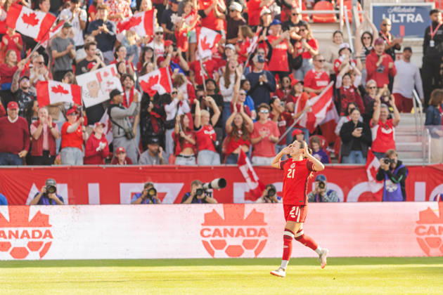 Delaney Baie Pridham of Canada celebrates their team s first goal during the Women’s International Friendly, Länderspiel, Nationalmannschaft match between Canada and Denmark on October 12th, 2026 in BMO Field, Toronto, Ontario, Canada Copyright: xCurtisxWongx xSPPx Sportspressphoto_SPR253852
