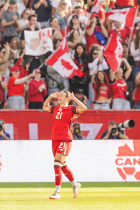 Delaney Baie Pridham of Canada celebrates their team s first goal during the Women’s International Friendly, Länderspiel, Nationalmannschaft match between Canada and Denmark on October 12th, 2026 in BMO Field, Toronto, Ontario, Canada Copyright: xCurtisxWongx xSPPx Sportspressphoto_SPR253853
