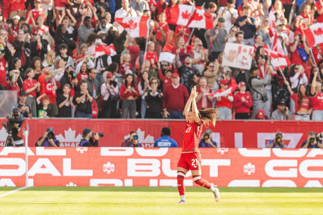 Delaney Baie Pridham of Canada celebrates their team s first goal during the Women’s International Friendly, Länderspiel, Nationalmannschaft match between Canada and Denmark on October 12th, 2026 in BMO Field, Toronto, Ontario, Canada Copyright: xCurtisxWongx xSPPx Sportspressphoto_SPR253854